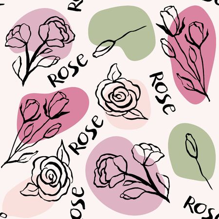 Seamless pattern with rose flowers and rose branches. Doodle style.のイラスト素材
