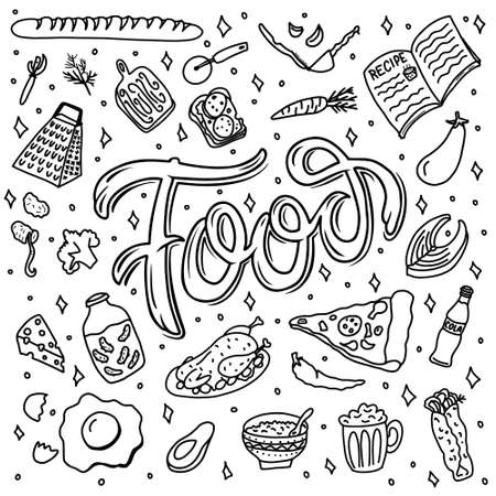 Hand drawn doodles of food and kitchen itemsのイラスト素材