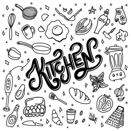 Hand drawn doodles of food and kitchen itemsのイラスト素材