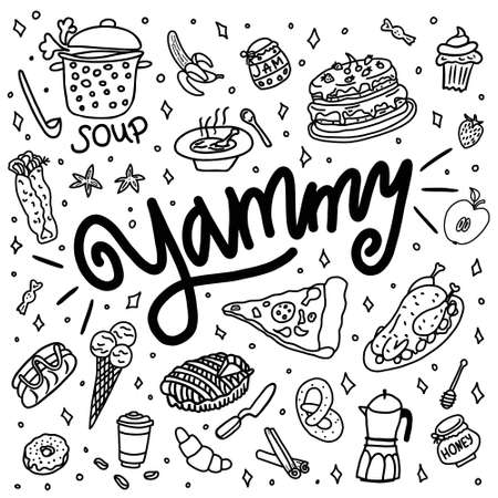 Hand drawn doodle yammy, baking, dishes and kitchenware.のイラスト素材