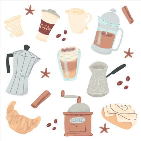 Set of hand drawn coffee and sweetsの写真素材