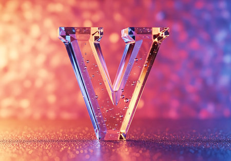A close-up shot of a transparent, glass-like letter V standing on a textured surface, featuring internal bubbles and dramatic dual-color lighting creating a striking visual effect.の素材
