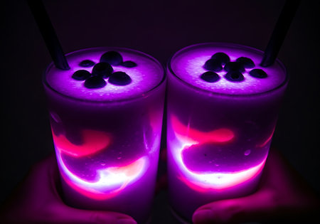 Two tall glasses filled with a thick, glowing purple beverage, likely a smoothie or milkshake, topped with dark berries, illuminated by internal light sources in a completely dark setting.の素材
