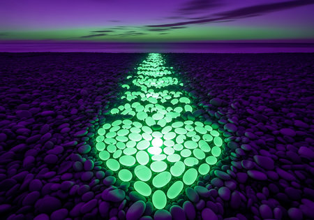 A surreal landscape featuring a path of bright, glowing green heart shapes formed by stones leading toward a vibrant purple and green twilight horizon over a dark pebble beach.の素材