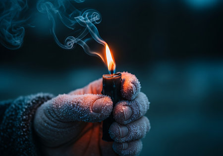 A close-up shot captures a hand heavily coated in white frost, struggling to hold and ignite a small lighter, producing a bright orange flame and wisps of blue smoke against a dark, cool background.の素材