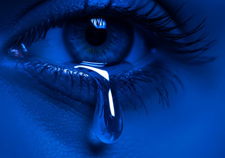 A dramatic, intensely blue-toned macro photograph capturing a single, large tear rolling down the lower eyelid of a human eye, emphasizing deep emotion and sorrowful expression.の素材