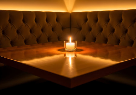 A close-up, low-light photograph captures a small, burning candle in a glass holder centered on a highly polished, dark wooden table surface, creating warm reflections.の素材