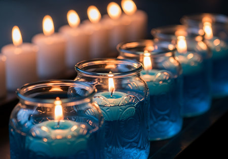 A close-up shot features several glowing blue floating candles inside clear glass jars arranged in a row, with white pillar candles burning softly in the blurred background.の素材
