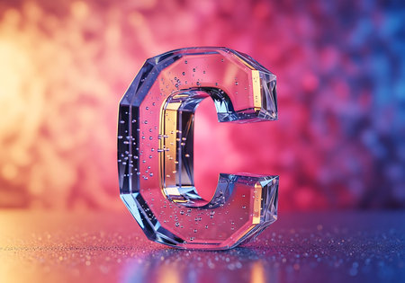 A stunning 3D rendering of the capital letter C crafted from clear, faceted crystal or glass material, featuring small water droplets on its surface, set against a vibrant, out-of-focus background ofの素材