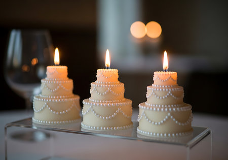 Three intricately designed, tiered cake-shaped candles with glowing flames sit closely together on a transparent acrylic surface, creating a warm, celebratory ambiance for a special occasion.の素材