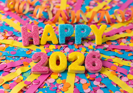 Vibrant close-up of colorful candy letters spelling out 'HAPPY 2026' resting on a dense, festive bed of pink, yellow, and blue confetti and curled orange streamers.の素材