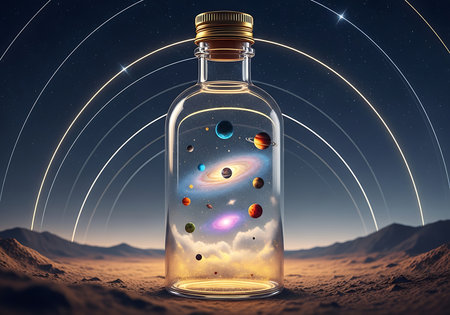A visually stunning, surreal image depicting a clear glass bottle resting on a barren, dusty landscape under a starry night sky, containing a miniature universe with colorful galaxies and orbiting plaの素材