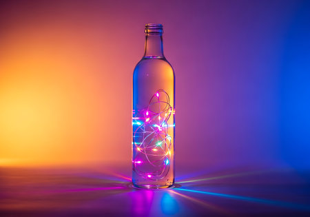 A clear glass wine bottle containing multicolored string lights sits on a reflective surface, illuminated by vibrant orange and blue studio lighting creating a festive mood.の素材
