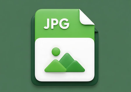 This is a close-up, three-dimensional icon graphic illustrating the JPG file extension, featuring a vibrant green color palette and a stylized mountain image preview.の素材