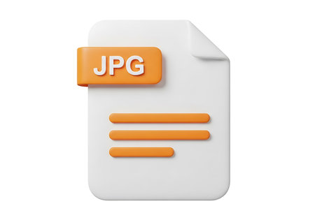 A stylized 3D illustration of a document icon representing a JPG file format, featuring an orange tab labeled 'JPG' and three horizontal lines symbolizing text content, set against a pure white backdrの素材