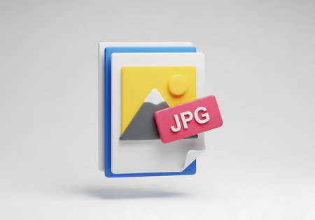 A stylized 3D illustration showing a stack of digital document icons, prominently featuring a JPG file extension tag in bright pink against a clean, light gray backdrop.の素材