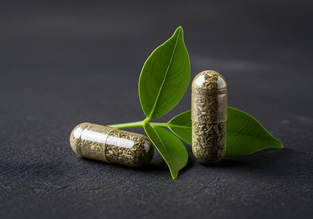 Two clear gelatin capsules filled with dried herbal powder are displayed next to a small sprig of vibrant green leaves against a dark, textured background, suggesting natural medicine.の素材