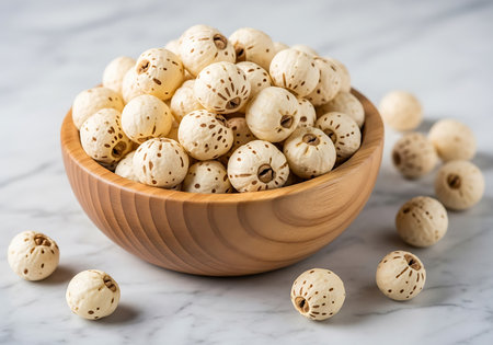 A close-up, well-lit photograph showcases numerous popped lotus seeds, known as makhana, overflowing from a small, smooth wooden bowl resting on a light gray or white marble countertop, with several sの素材