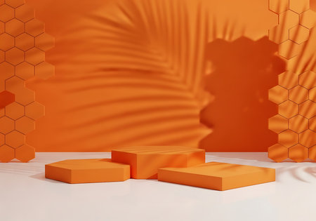 A vibrant 3D rendering featuring three orange geometric pedestals on a white floor, set against a textured orange wall with a prominent palm leaf shadow.の素材