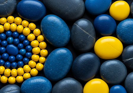 A striking close-up captures a vibrant arrangement of smooth, rounded blue and yellow stones, forming a captivating circular pattern against a dark backdrop.の素材