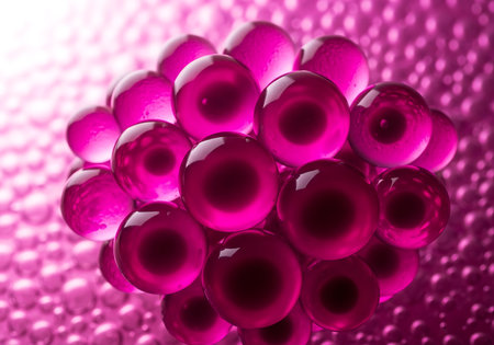 A macro photograph captures a cluster of translucent pink spheres, each with a dark center, set against a vibrant, textured pink background, creating a visually striking abstract composition.の素材