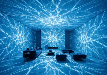 Experience a serene and futuristic ambiance with mesmerizing blue light projections resembling water, creating a tranquil and immersive environment within a modern room.の素材