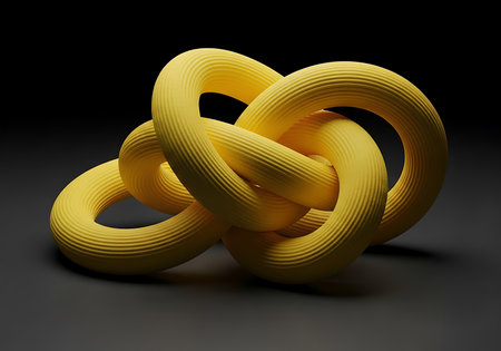 A detailed close-up view of a yellow torus knot sculpture, showcasing its intricate loops and textured surface against a dark, moody background.の素材