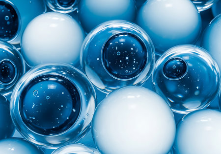 Abstract macro photography showcasing a cluster of transparent spheres, each containing a dark, mysterious core, creating a visually captivating and scientifically intriguing composition.の素材