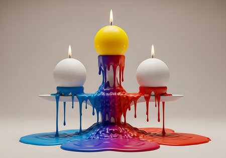 Three spherical candles, one yellow and two white, are lit and melting, with colorful wax dripping onto a white plate and pooling below. The scene is set against a neutral backdrop.の素材