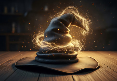 This image depicts a dark, pointed wizard hat adorned with swirling, luminous magical energy and a shower of golden sparks, evoking a sense of wonder and arcane power.の素材
