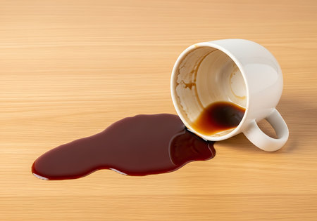 A white ceramic coffee mug has been accidentally tipped over on a light brown wooden table, with dark brown coffee spilled across the surface.の素材