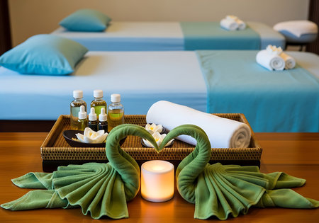 Two massage beds are prepared for a spa treatment, adorned with folded towel swans, essential oil bottles, and a lit candle, creating a serene and inviting atmosphere for relaxation and rejuvenation.の素材