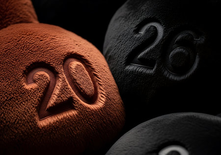 A detailed close-up shot showcases two textured weights, one orange and one black, with the numbers 20 and 26 clearly embossed into their surfaces, highlighting the texture and detail.の素材