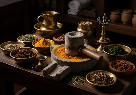 A rustic arrangement showcases various colorful Ayurvedic spices in bowls, alongside a traditional stone mortar and pestle, ready for grinding.の素材