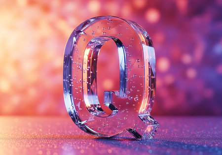 A close-up studio shot of a transparent glass letter Q, filled with tiny air bubbles, set against a soft, colorful bokeh background of pink, purple, and orange hues.の素材