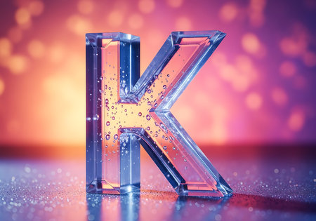 A stunning close-up of a transparent glass letter K, adorned with numerous water droplets, set against a softly blurred background of warm bokeh lights.の素材