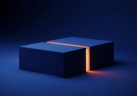 A minimalist composition featuring two dark blue geometric blocks separated by a vibrant, glowing orange light, creating a striking visual contrast against a dark background.の素材