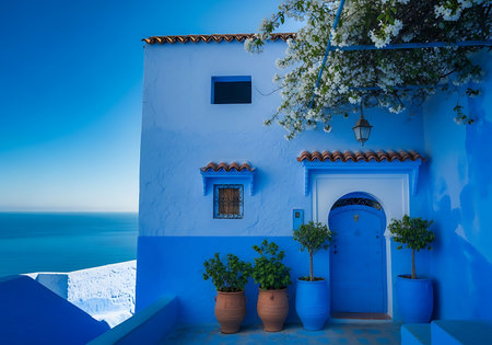 A stunning view of a blue-washed building adorned with white flowers, overlooking the vast blue ocean under a clear sky, showcasing Moroccan charm.の素材