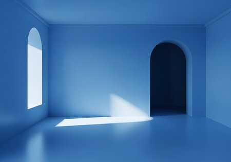 A minimalist blue interior room featuring an arched doorway and a tall arched window. Sunlight streams in, casting a bright rectangular shadow on the floor.の素材