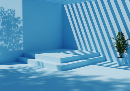 A minimalist blue stage features geometric shadows cast by light, creating a striking pattern on the wall. A small potted plant adds a touch of green to the serene, modern composition.の素材