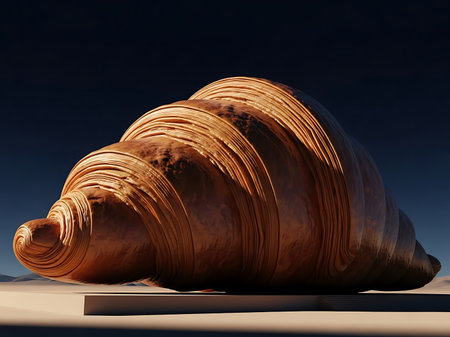 This close-up shot showcases a perfectly baked croissant, its flaky layers and golden-brown crust inviting the viewer to savor its buttery aroma and delightful taste.の素材