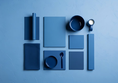A top-down view showcases a collection of blue stationery and kitchen items arranged neatly on a textured blue surface, creating a minimalist and modern aesthetic.の素材