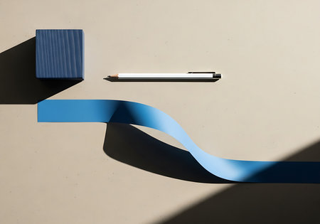 A minimalist composition featuring a blue wooden cube and a white pen, placed on a beige surface alongside a flowing strip of blue tape, creating interesting shadows and highlights.の素材