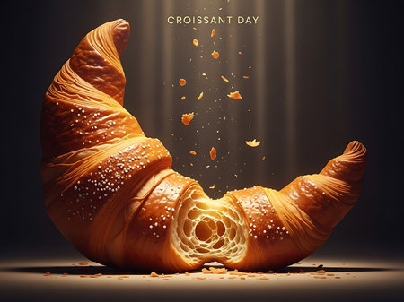 A freshly baked, golden-brown croissant, showcasing its flaky layers and buttery texture, with small crumbs gently falling around it.の素材