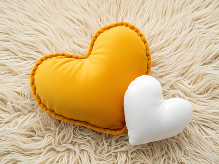 A close-up view of two plush heart-shaped pillows, one vibrant yellow and the other pristine white, resting on a cream-colored, shaggy rug, creating a cozy and inviting atmosphere.の素材