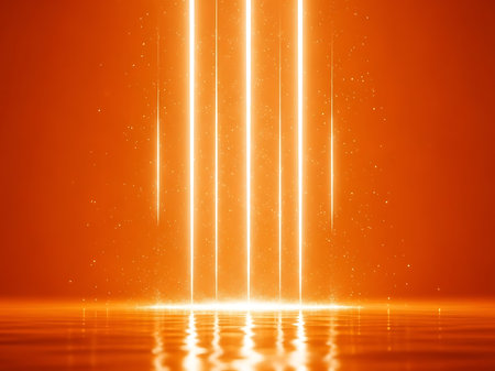 A striking visual featuring multiple vertical beams of intense orange light ascending from a highly reflective, wet-looking surface, creating a dramatic and energetic atmosphere.の素材
