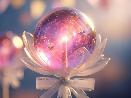 A close-up view of a magical orb containing a galaxy, adorned with stars and surrounded by delicate petals, tied with a ribbon.の素材