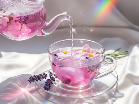 A delicate pink floral tea is poured from a glass teapot into a matching cup, adorned with lavender sprigs, creating a serene and aromatic beverage experience.の素材