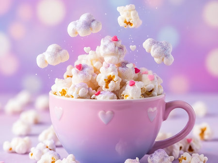 A delightful close-up of fluffy popcorn, adorned with colorful sprinkles and heart shapes, overflowing from a charming pink and purple teacup, set against a soft, blurred background.の素材