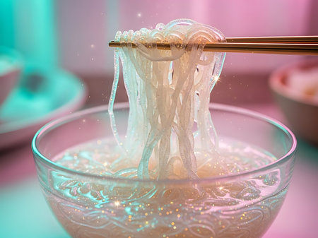 A close-up shot captures chopsticks delicately lifting translucent noodles from a clear bowl filled with a shimmering broth, creating an appetizing and visually appealing culinary moment.の素材